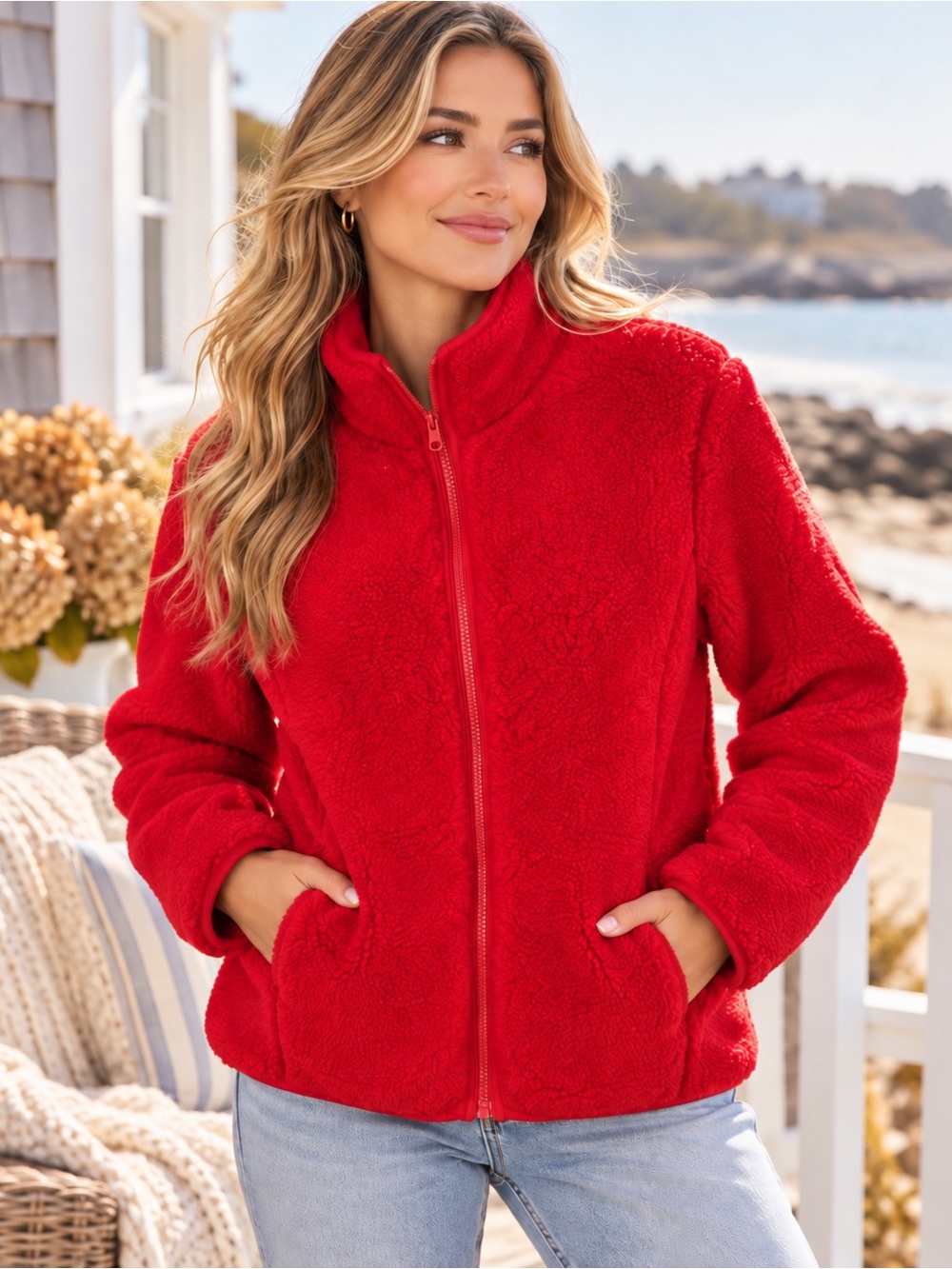 Red Teddy Sherpa Fleece Zip-Up Jacket |Large| Coastal Cozy Cottagecore Fall